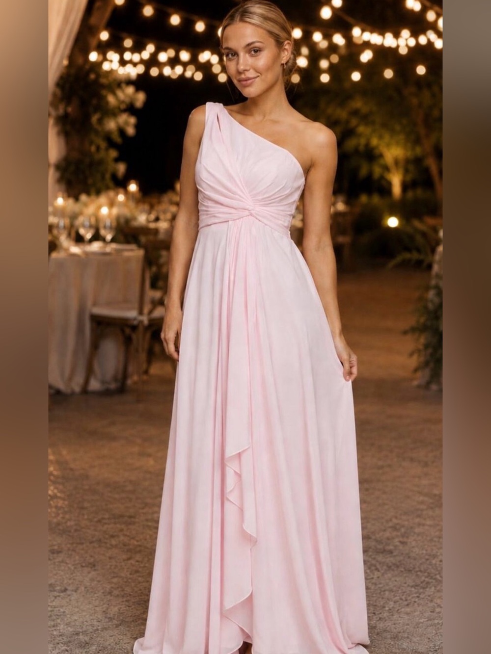 Blush Pink One Shoulder Formal Gown Size 2 NWT Padded Lace Up Pockets Bridesmaid